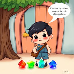 A whimsical cartoon illustration featuring a cute 10-month-old baby boy with thick black hair, dressed in a short denim jumper, paired with a brown coolie bag and black pumps