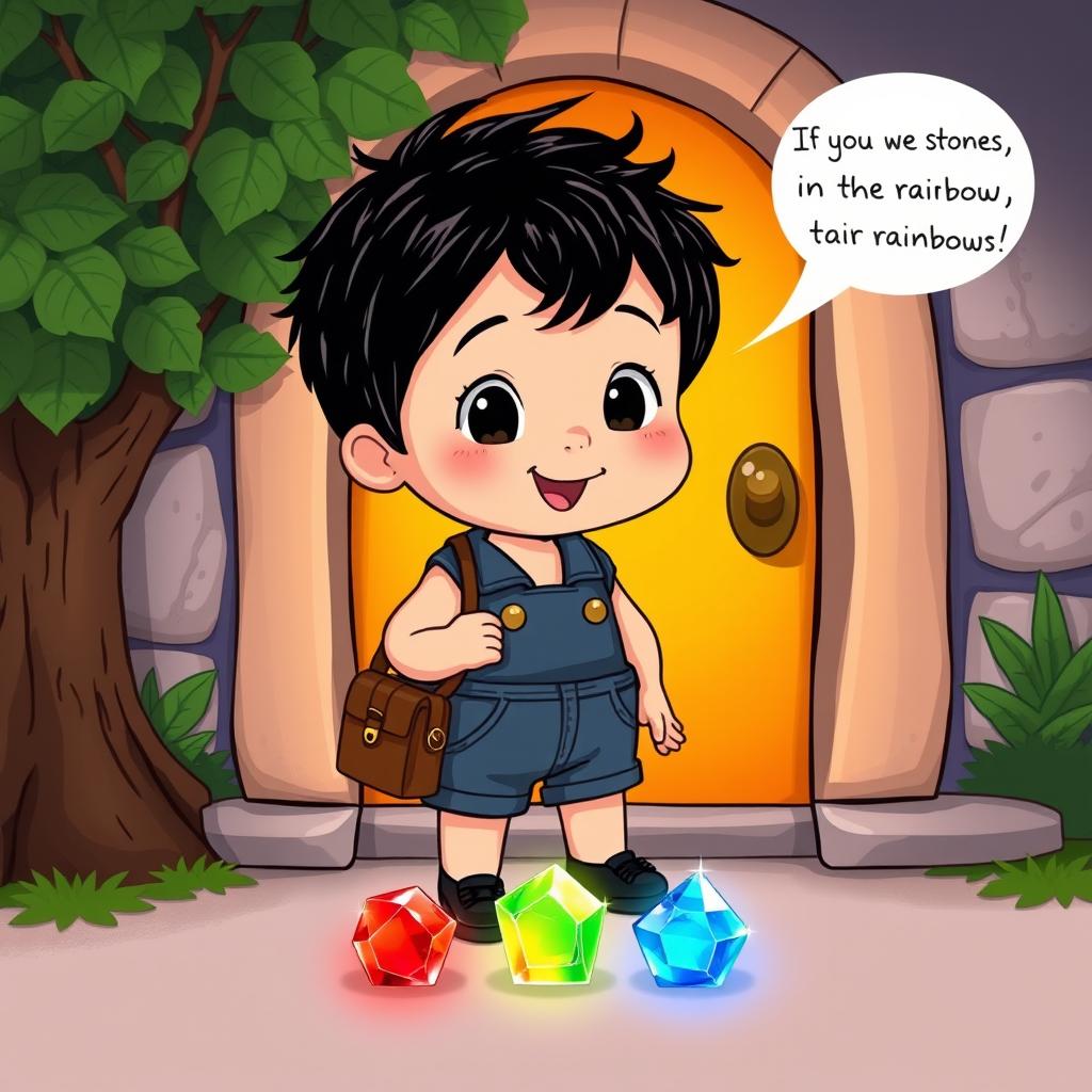 A whimsical cartoon illustration featuring a cute 10-month-old baby boy with thick black hair, dressed in a short denim jumper, paired with a brown coolie bag and black pumps