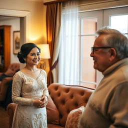 A newly married woman, elegantly dressed in traditional attire, stands near a plush, classic sofa in a warmly lit living room