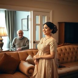 A newly married woman, elegantly dressed in traditional attire, stands near a plush, classic sofa in a warmly lit living room