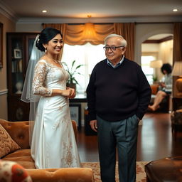 A newly married woman, elegantly dressed in traditional attire, stands near a plush, classic sofa in a warmly lit living room