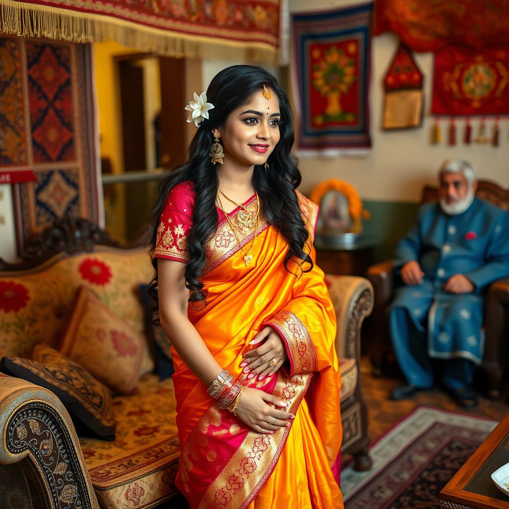 A newly married Indian girl, dressed in a vibrant traditional saree adorned with intricate embroidery and rich colors, standing gracefully near a beautifully decorated sofa