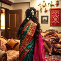 A newly married Indian girl, dressed in a vibrant traditional saree adorned with intricate embroidery and rich colors, standing gracefully near a beautifully decorated sofa