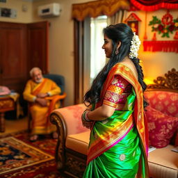 A newly married Indian girl, dressed in a vibrant traditional saree adorned with intricate embroidery and rich colors, standing gracefully near a beautifully decorated sofa