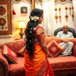 A newly married Indian girl, dressed in a vibrant traditional saree adorned with intricate embroidery and rich colors, standing gracefully near a beautifully decorated sofa