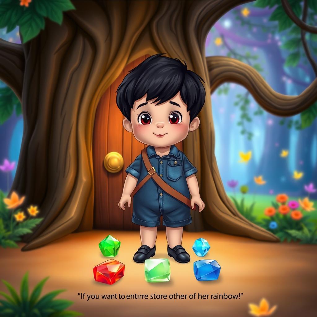 A cartoon scene featuring a 10-month-old baby boy with thick black hair wearing a short denim jumper, a brown coolie bag, and black pumps