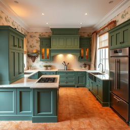 A beautifully designed kitchen featuring English green molded fronts and a countertop matching the same elegant green shade