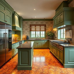 A beautifully designed kitchen featuring English green molded fronts and a countertop matching the same elegant green shade