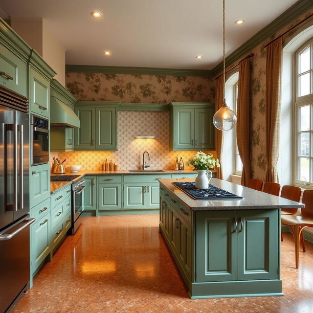 A beautifully designed kitchen featuring English green molded fronts and a countertop matching the same elegant green shade