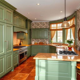 A beautifully designed kitchen featuring English green molded fronts and a countertop matching the same elegant green shade