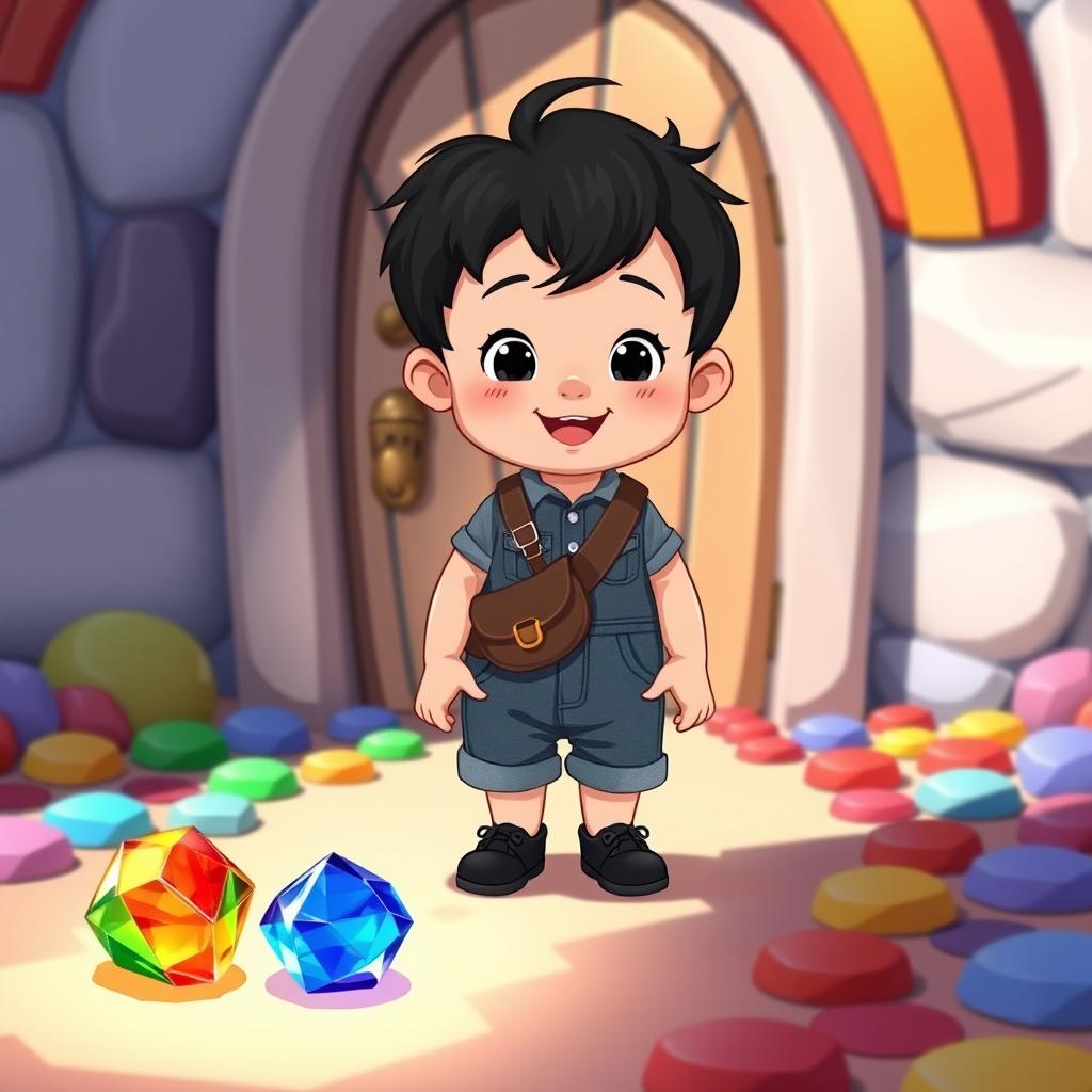 A cheerful cartoon scene featuring a 10-month-old baby boy with thick black hair, dressed in a short denim jumper, wearing a brown coolie bag, and black pumps