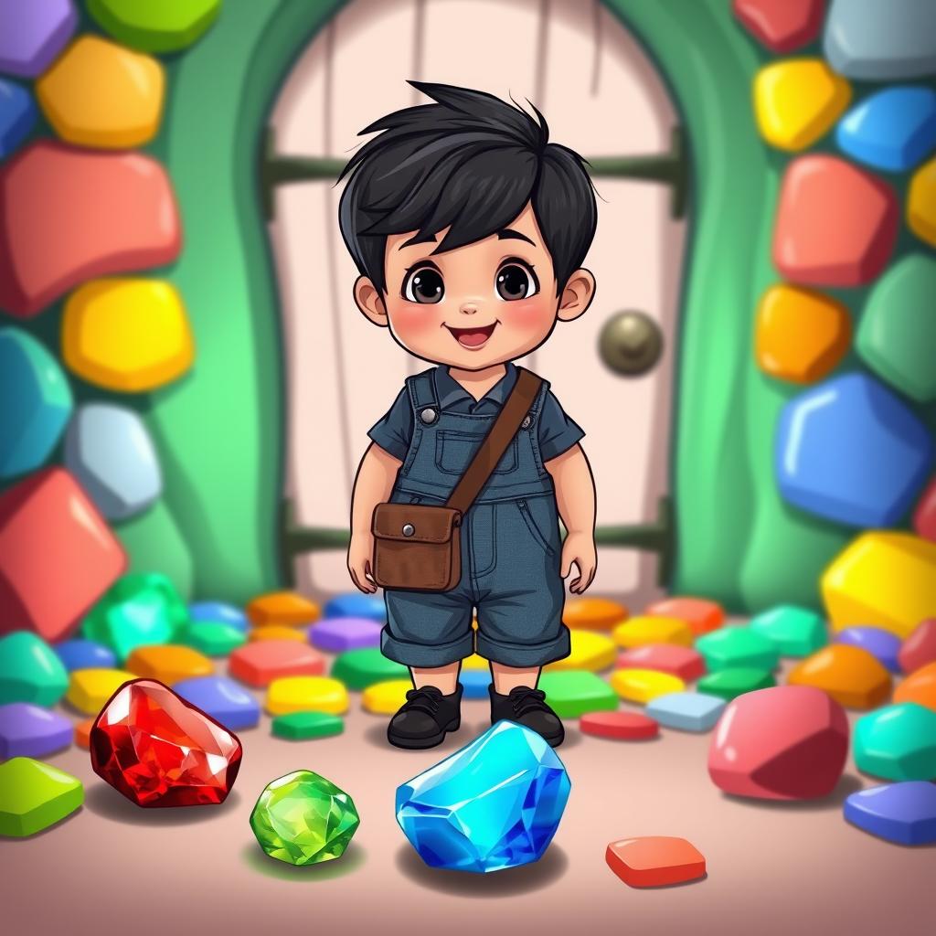 A cheerful cartoon scene featuring a 10-month-old baby boy with thick black hair, dressed in a short denim jumper, wearing a brown coolie bag, and black pumps