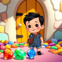 A cheerful cartoon scene featuring a 10-month-old baby boy with thick black hair, dressed in a short denim jumper, wearing a brown coolie bag, and black pumps