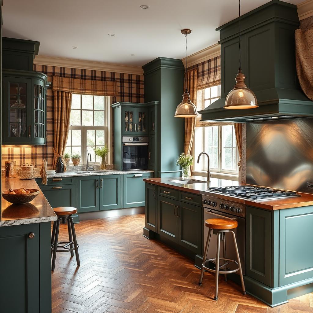 A stylish kitchen featuring dark English green molded fronts and a stainless steel countertop