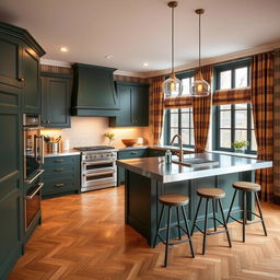 A stylish kitchen featuring dark English green molded fronts and a stainless steel countertop