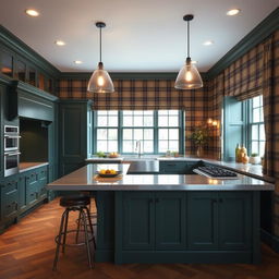 A stylish kitchen featuring dark English green molded fronts and a stainless steel countertop