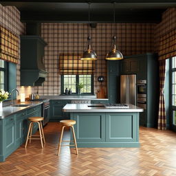 A stylish kitchen featuring dark English green molded fronts and a stainless steel countertop