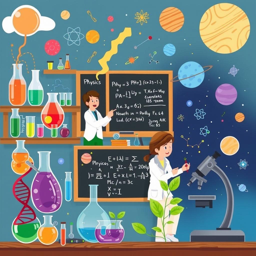 A visually appealing and engaging illustration depicting various scientific fields such as physics, chemistry, biology, and astronomy