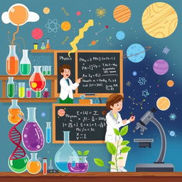 A visually appealing and engaging illustration depicting various scientific fields such as physics, chemistry, biology, and astronomy