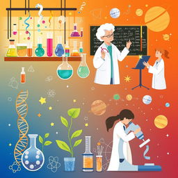 A visually appealing and engaging illustration depicting various scientific fields such as physics, chemistry, biology, and astronomy