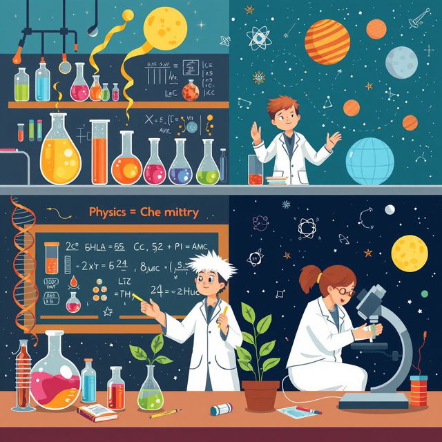 A visually appealing and engaging illustration depicting various scientific fields such as physics, chemistry, biology, and astronomy