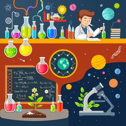 A visually appealing and engaging illustration depicting various scientific fields such as physics, chemistry, biology, and astronomy