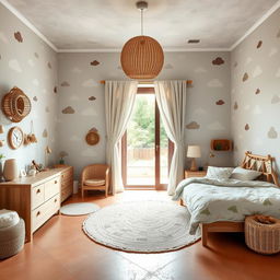 A spacious children's bedroom decorated with cloud-themed wallpaper featuring geometric and organic shapes