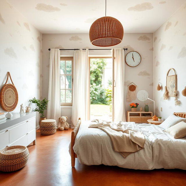 A spacious children's bedroom decorated with cloud-themed wallpaper featuring geometric and organic shapes