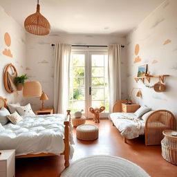 A spacious children's bedroom decorated with cloud-themed wallpaper featuring geometric and organic shapes