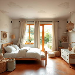 A spacious children's bedroom decorated with cloud-themed wallpaper featuring geometric and organic shapes