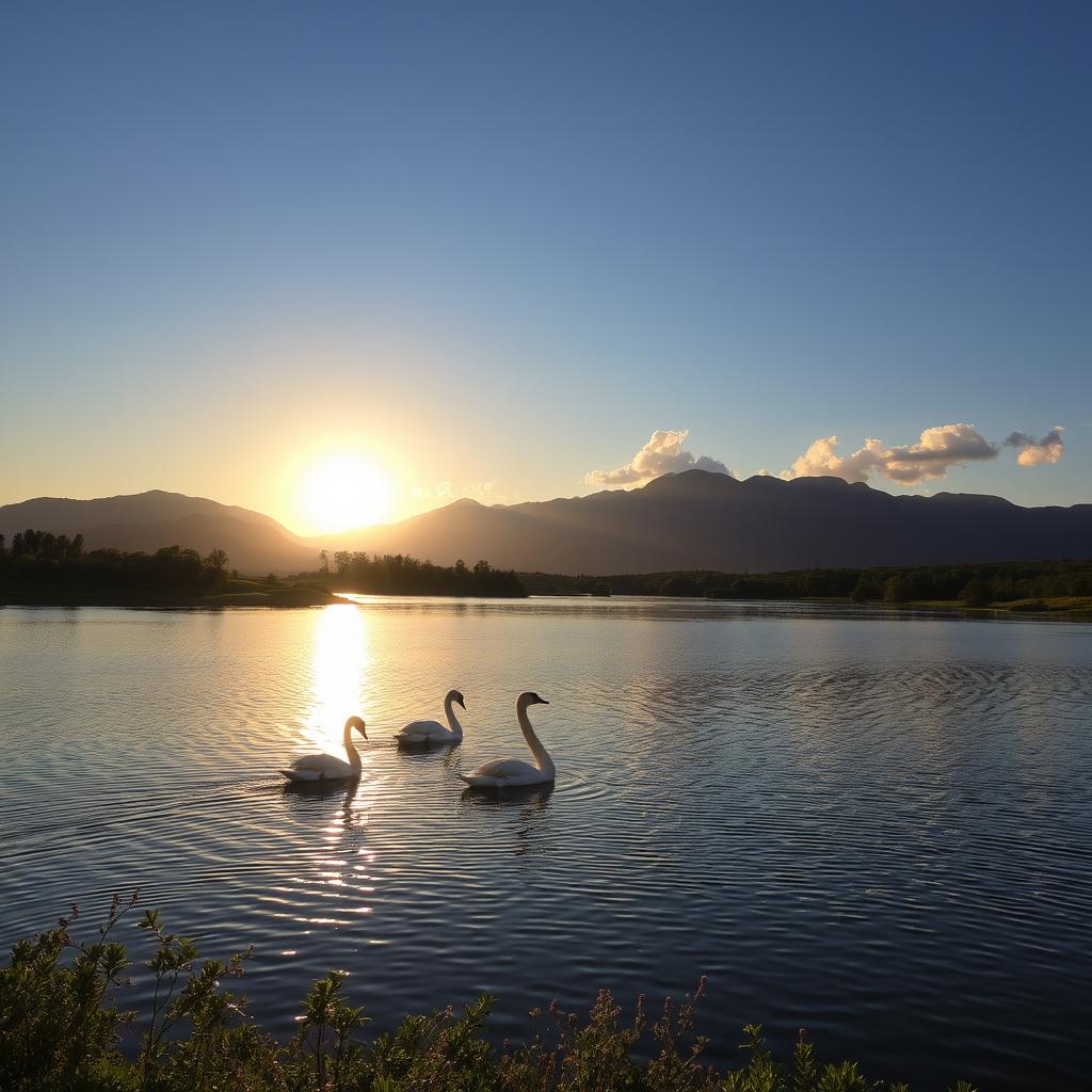 A majestic sunrise over a tranquil lake surrounded by lush greenery, with the golden rays of the sun casting a warm glow over the water