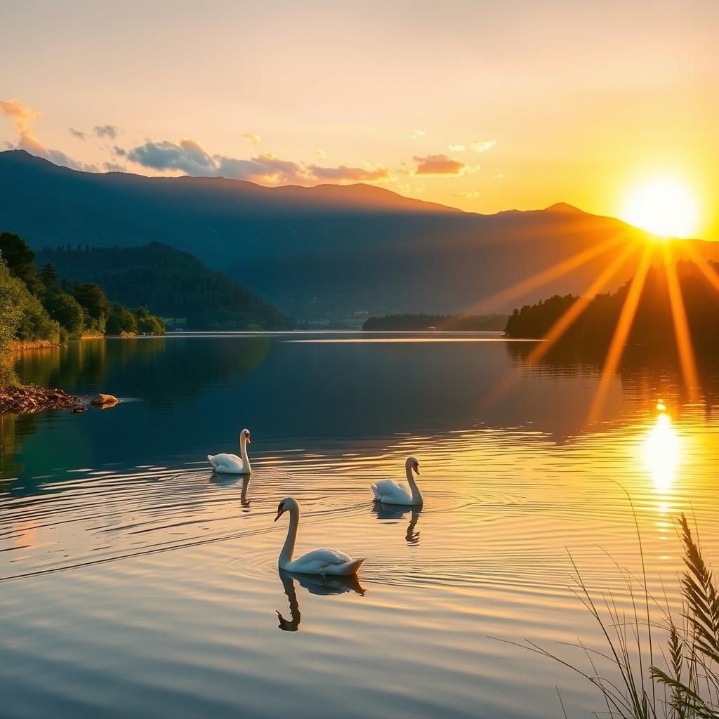 A majestic sunrise over a tranquil lake surrounded by lush greenery, with the golden rays of the sun casting a warm glow over the water