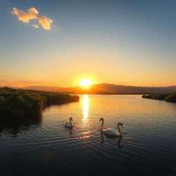 A majestic sunrise over a tranquil lake surrounded by lush greenery, with the golden rays of the sun casting a warm glow over the water