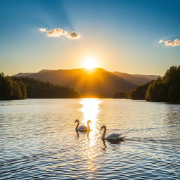 A majestic sunrise over a tranquil lake surrounded by lush greenery, with the golden rays of the sun casting a warm glow over the water