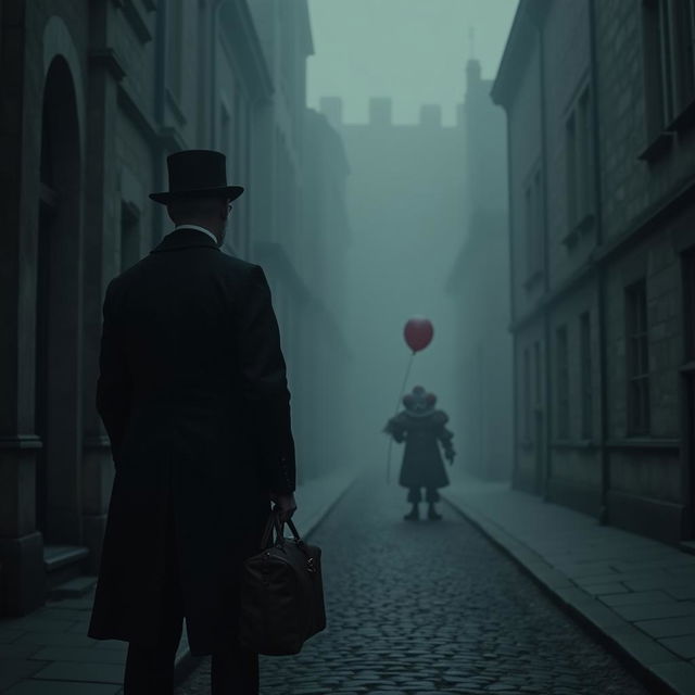 A dark, foggy Oxford University lane at night with Gothic buildings barely visible through thick mist