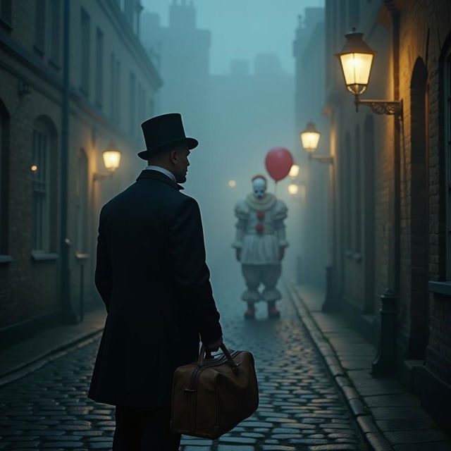 A foggy, cobblestone street in Oxford University at night, dimly lit by old-fashioned gas lanterns that cast eerie shadows