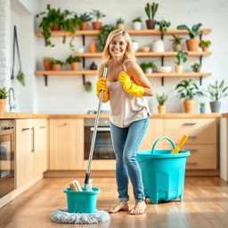 A woman with blonde hair, wearing a light pink tank top and blue jeans, is happily mopping a wooden floor in a bright, modern kitchen