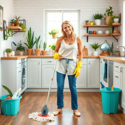 A woman with blonde hair, wearing a light pink tank top and blue jeans, is happily mopping a wooden floor in a bright, modern kitchen