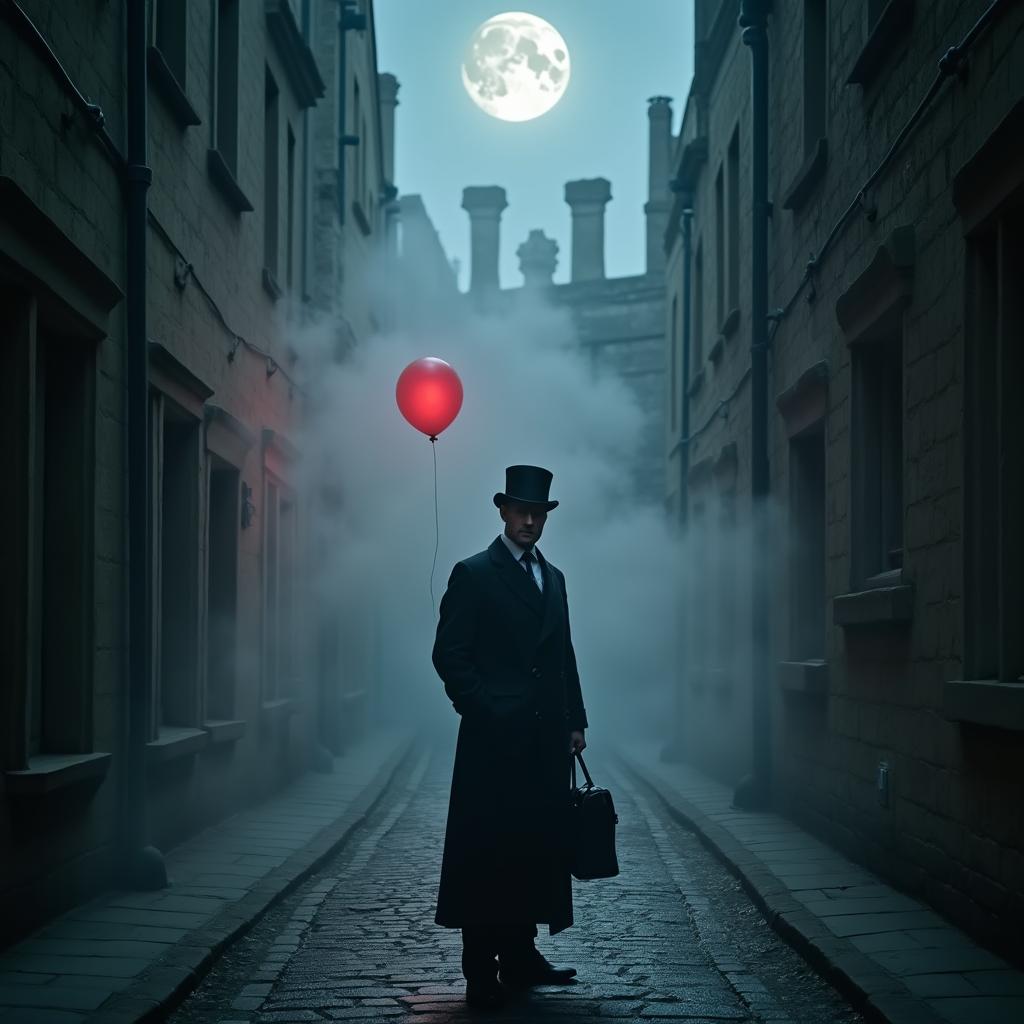 A haunting Oxford University lane, lined with cobblestones and framed by looming Gothic buildings, at night under a full moon partially obscured by fog