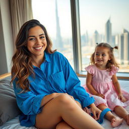 A smiling woman with long, wavy hair sits on a bed next to a cheerful small girl in a pink dress