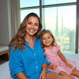 A smiling woman with long, wavy hair sits on a bed next to a cheerful small girl in a pink dress