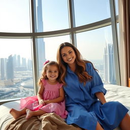 A smiling woman with long, wavy hair sits on a bed next to a cheerful small girl in a pink dress