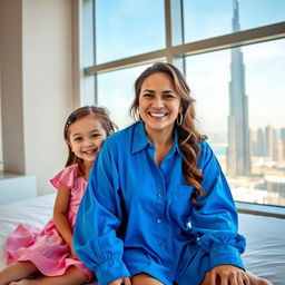 A smiling woman with long, wavy hair sits on a bed next to a cheerful small girl in a pink dress