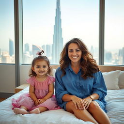 A smiling woman with long, wavy hair sits on a bed next to a cheerful small girl in a pink dress