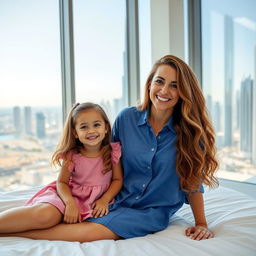 A smiling woman with long, wavy hair sits on a bed next to a cheerful small girl in a pink dress