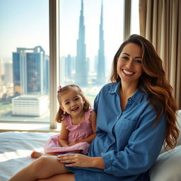 A smiling woman with long, wavy hair sits on a bed next to a cheerful small girl in a pink dress