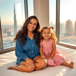 A smiling woman with long, wavy hair sits on a bed alongside a joyful small girl in a pink dress