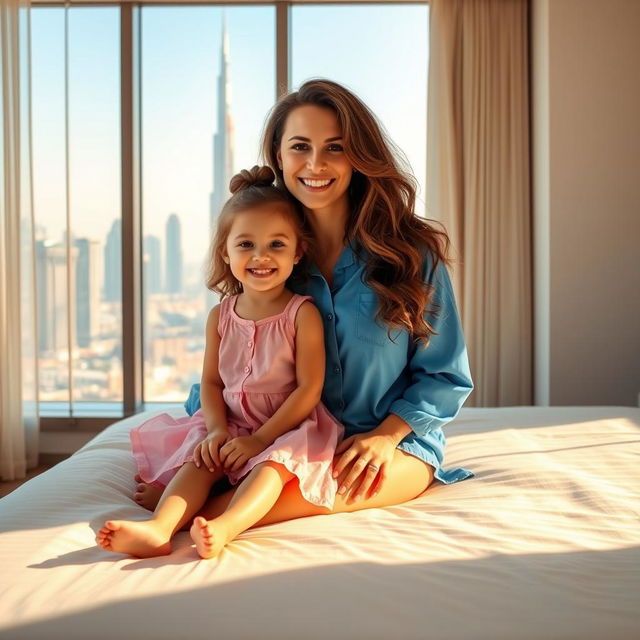 A smiling woman with long, wavy hair sits on a bed alongside a joyful small girl in a pink dress