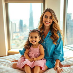 A smiling woman with long, wavy hair sits on a bed alongside a joyful small girl in a pink dress