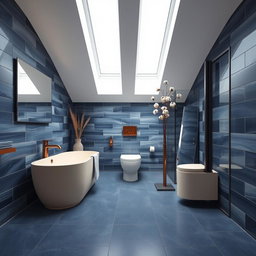 A 8 square meter bathroom featuring a pitched ceiling and skylights